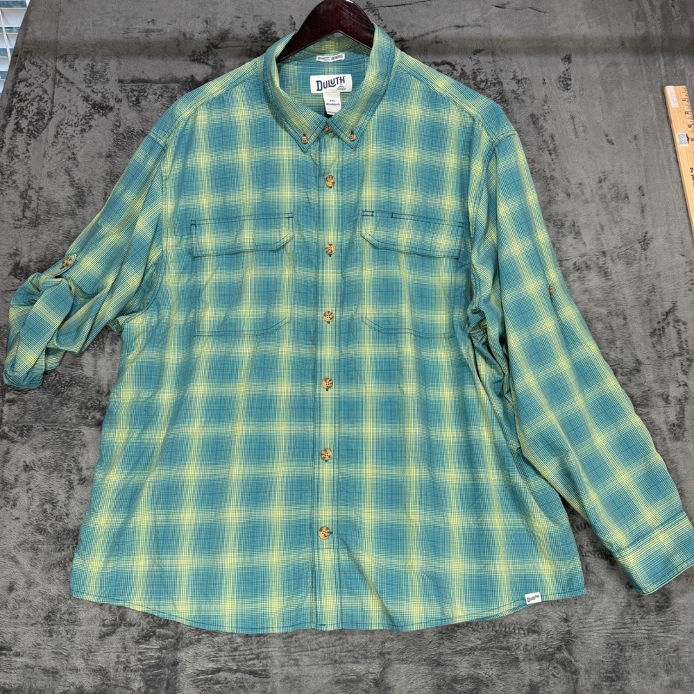 Duluth Trading Co Button Down Mens 2XL Teal Yellow‎ Plaid